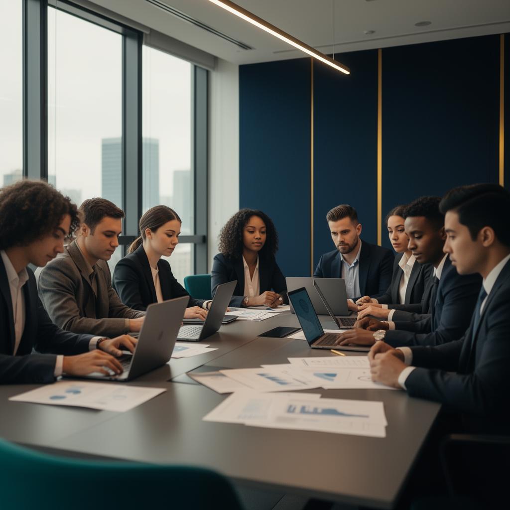 Diverse business team collaborating in a modern boardroom